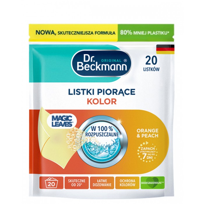 Салфетки для стирки Dr. Beckmann Magic Leaves Colour Protect для цветных вещей с ароматом апельсина и персика, 20 шт - 